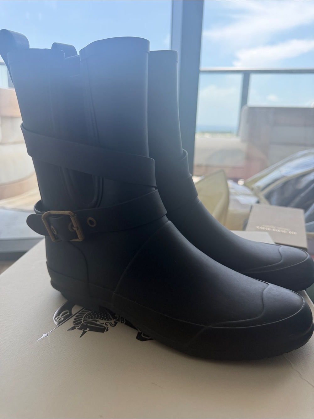 Burberry Black Women's Mid-Calf Rain Boots with Buckle Strap